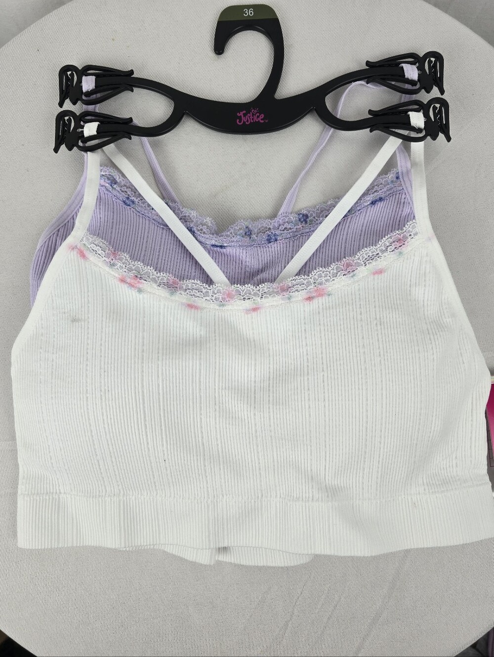 NWT Justice Girl's 2 Oh So Soft Lace-Trim Ribbed White & Lilac Bralettes Sz 36
